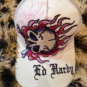 Ed Hardy White Mesh Trucker Cap with Rhinestone Skull Accent